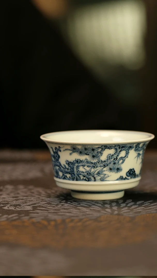 中式样品仿明青花不啊松竹梅马蹄杯