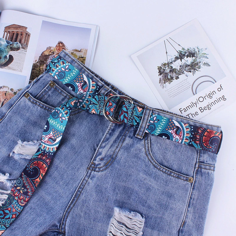 时尚免打孔可调节腰带女帆布工装户外双环扣皮带简约百搭牛仔裤带