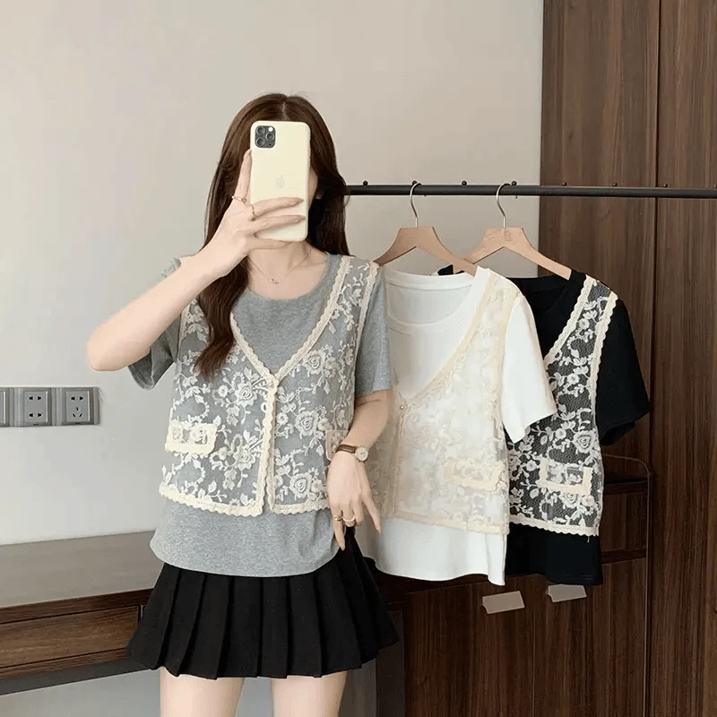 2025夏装新胖mm大码女甜美减龄蕾丝假两件显瘦短袖T恤洋气衣服女