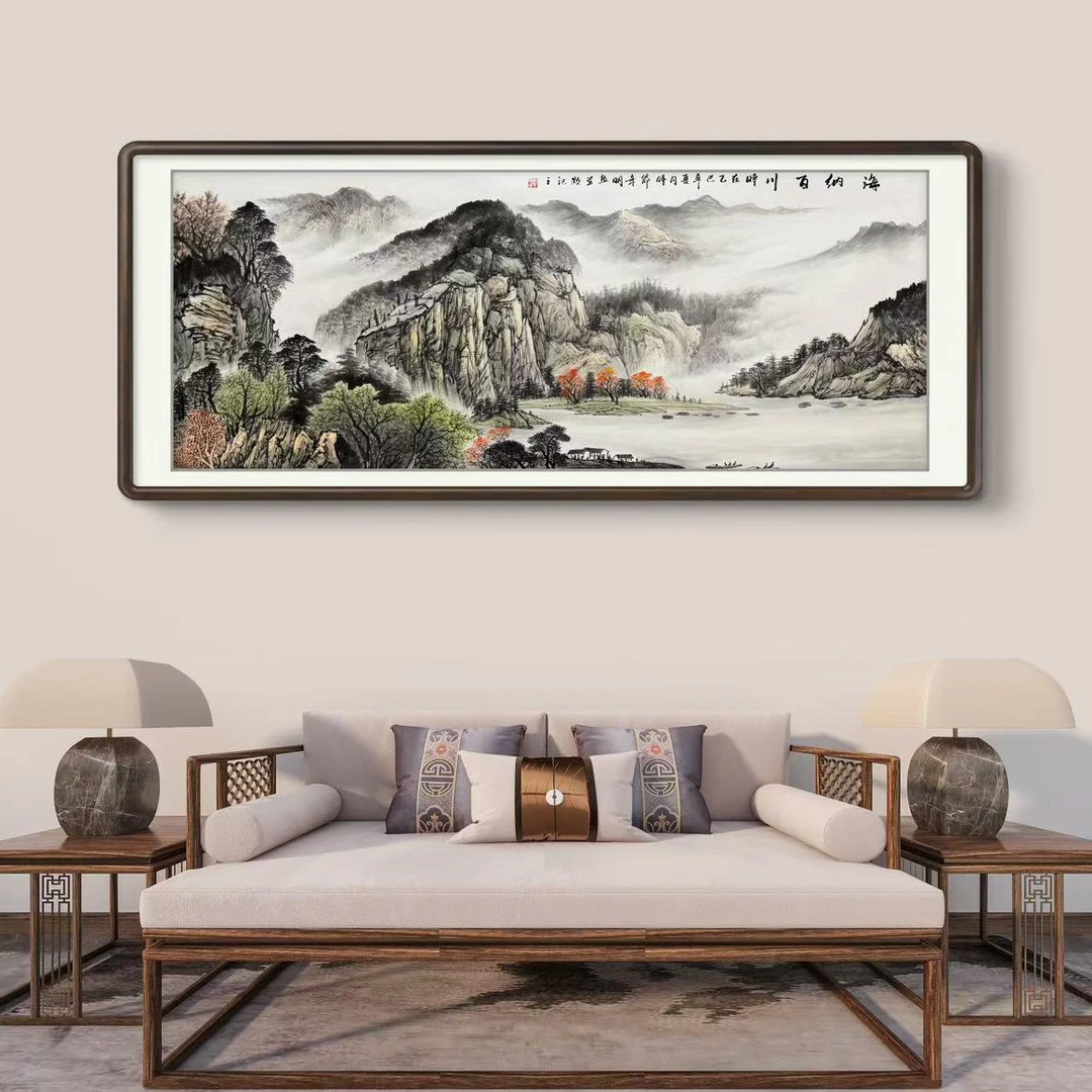 《海纳百川》六尺横幅山水客厅背景茶室画国画挂画作品文玩探宝