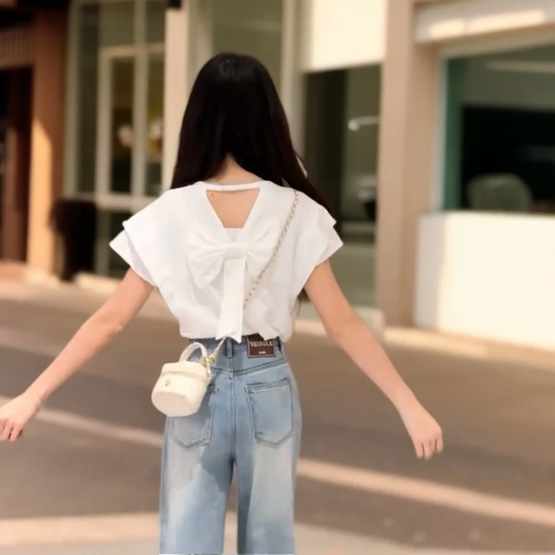 【在逃公主】白色蝴蝶结飞飞袖T恤