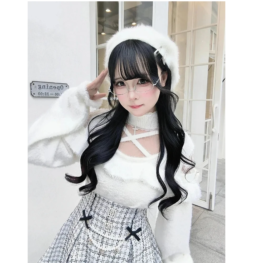 冬雪消融 冬季日系少女蝴蝶结拼接蕾丝袖衬衫高腰修身短裙两件套