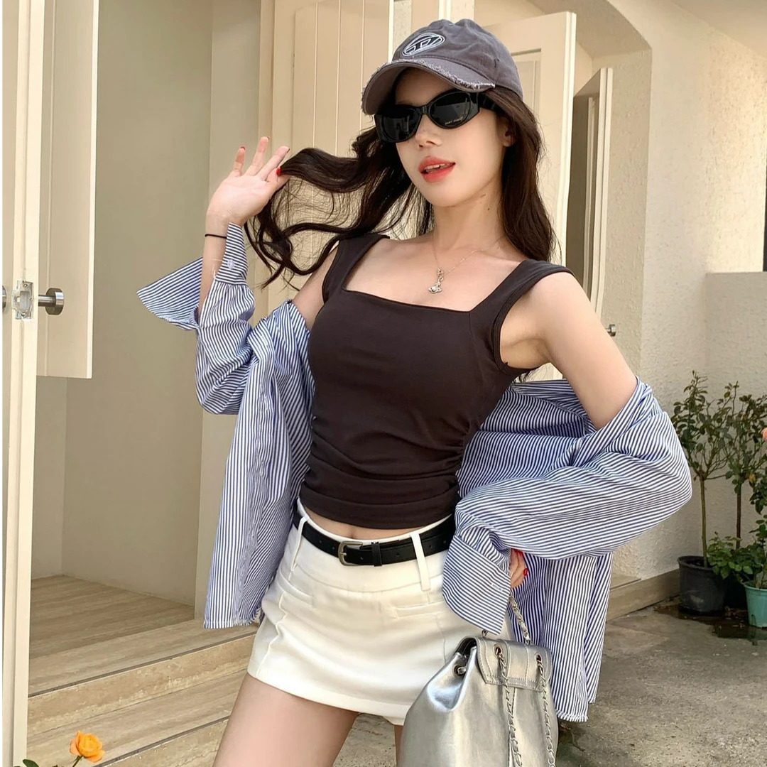 夏季新款方领吊带背心设计感褶皱收腰辣妹文胸一体纯欲女生上衣