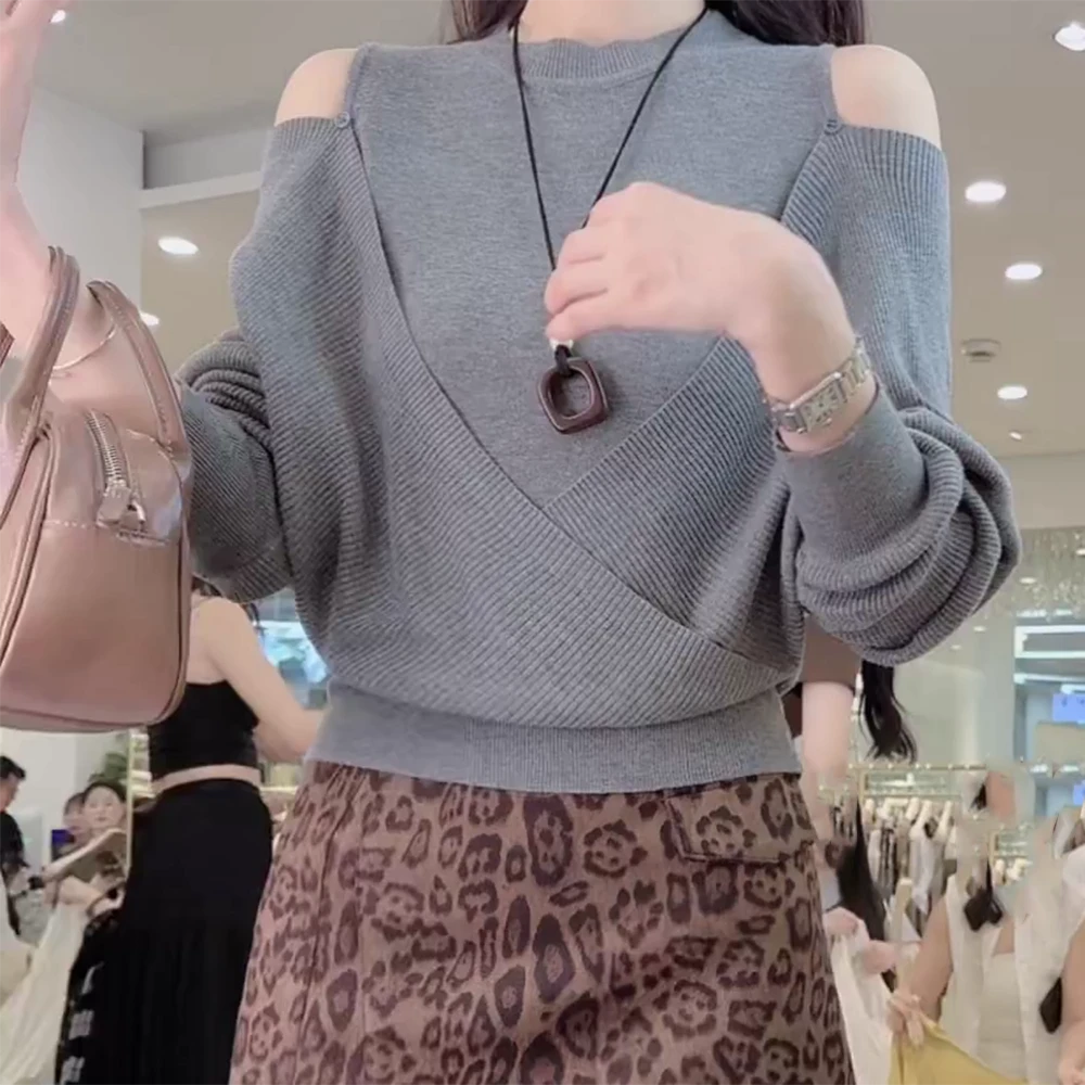 【波普青花】2025秋季新款百搭露肩针织上衣C5973