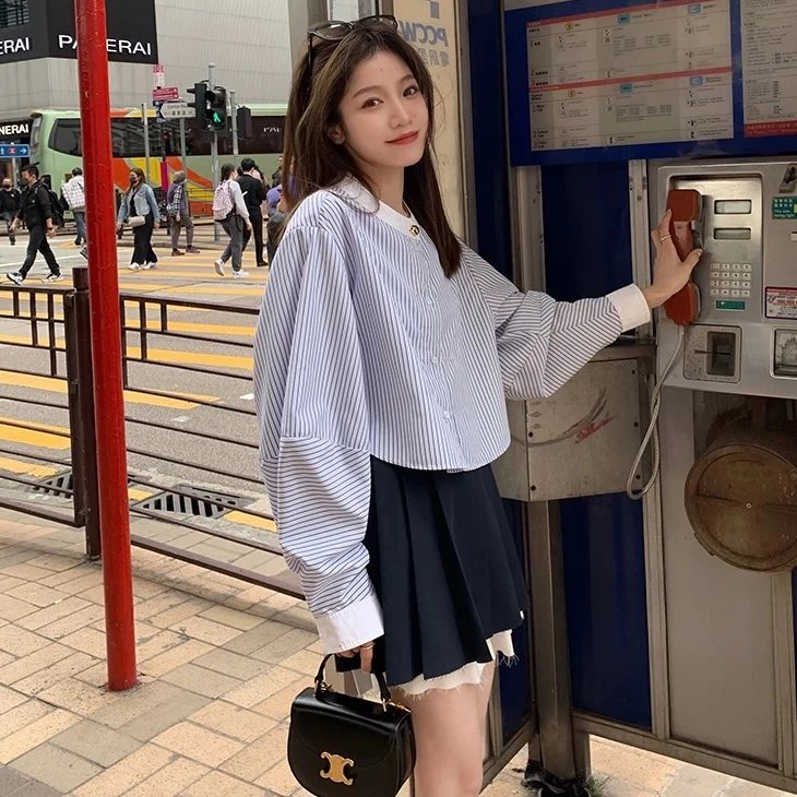 法式蓝色条纹衬衫女2025新款早秋季小衫上衣设计感长袖衬衣1830