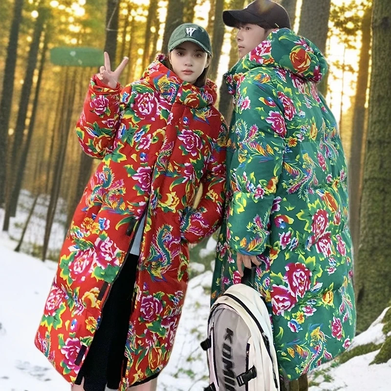 长款棉衣外套东北大花中国风男宽松保暖防寒连帽棉袄国潮情侣加厚