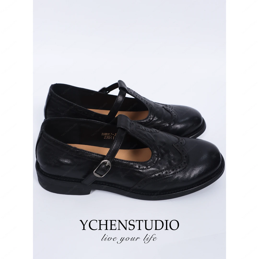 YCS【复古】2025春款真皮复古时尚英伦一字扣带单鞋低跟女鞋KX736