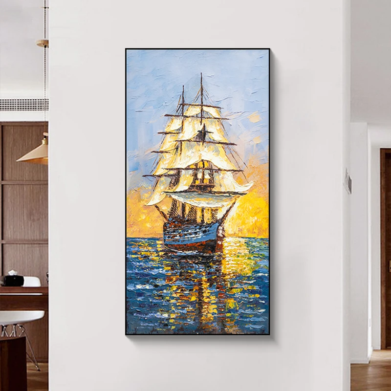 一帆风顺油画客厅过道壁画入户玄关装饰画走廊挂画竖版墙船80160