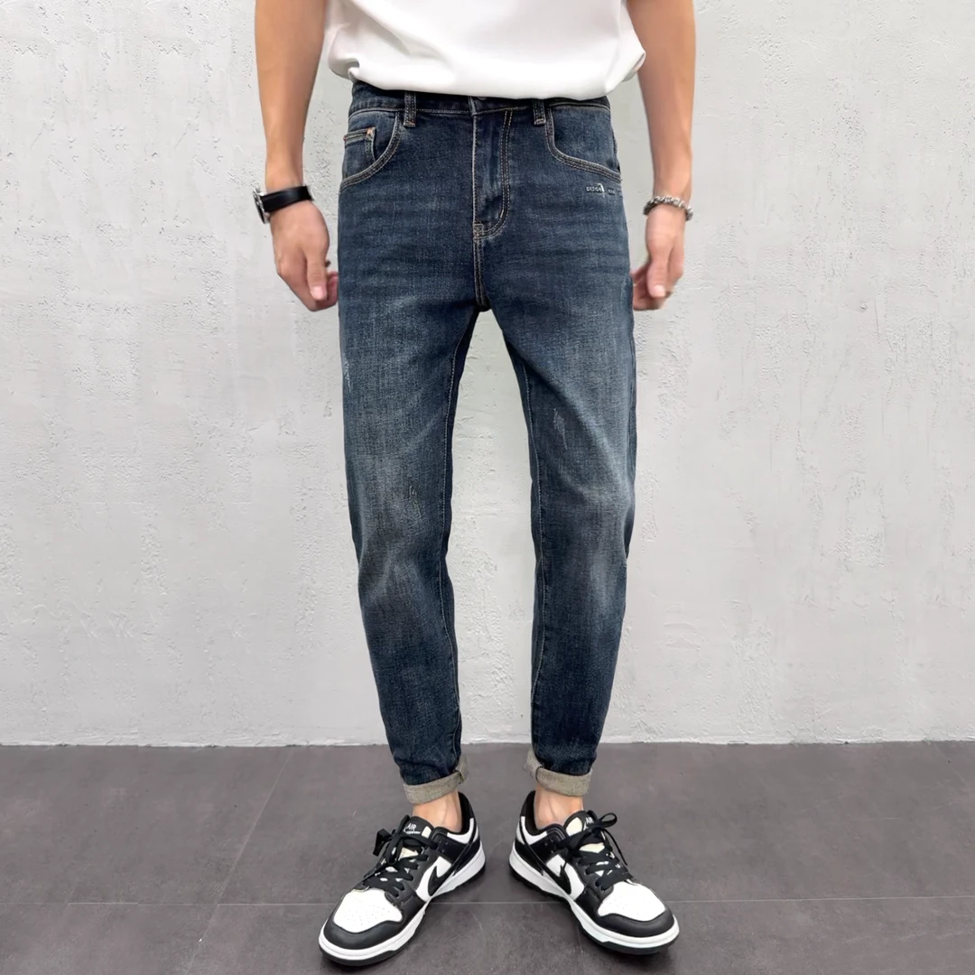 秋季韩版修身小脚牛仔裤男款爆款2025新款简约复古蓝色休闲长裤子