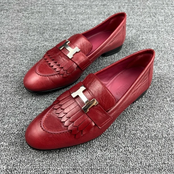 99新 Hermes/爱马仕 36码 Hermes爱马仕酒红色乐福鞋 98新 /6009