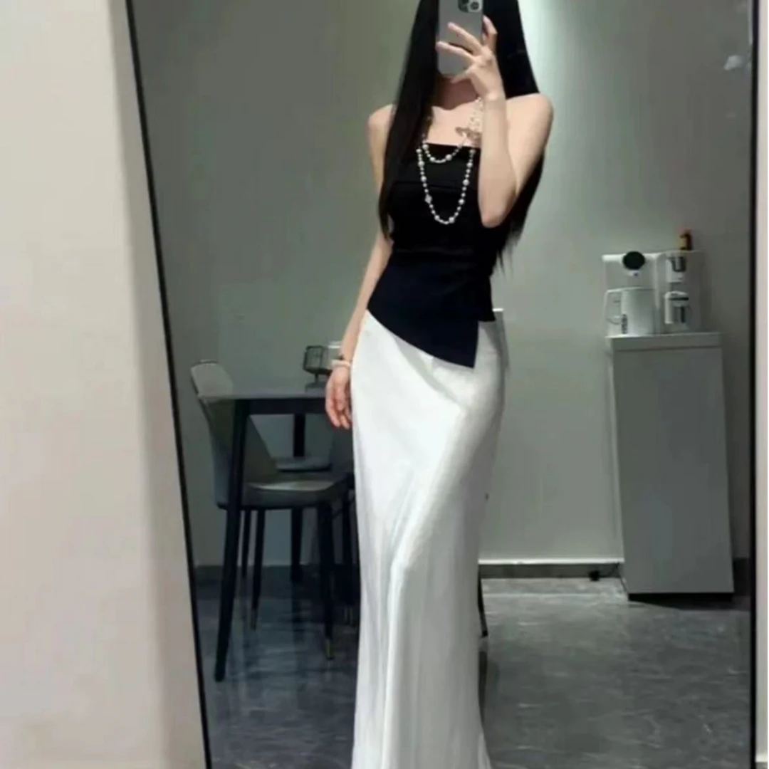 纯欲辣妹一字肩性感抹胸设计感开叉上衣女夏缎面气质长裙两件套