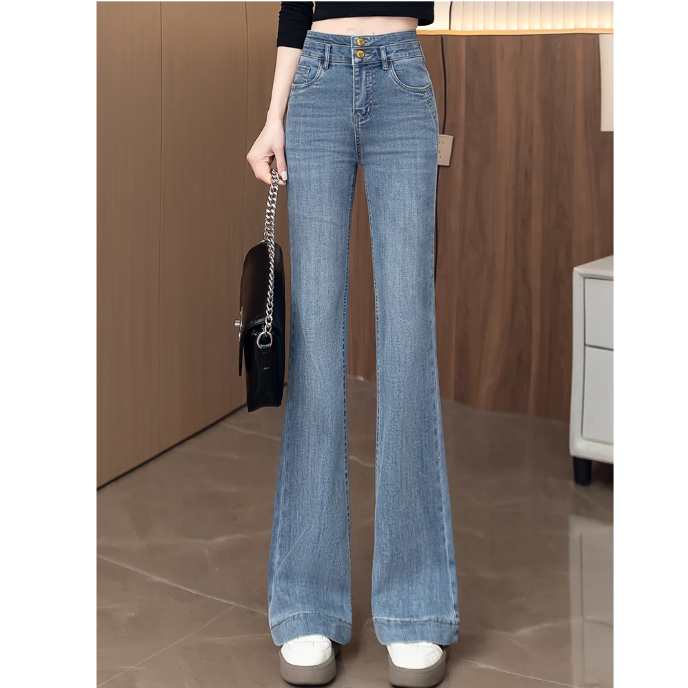 浅蓝色微喇牛仔裤女2025春秋季新款高腰双扣弹力修身喇叭裤鱼尾裤