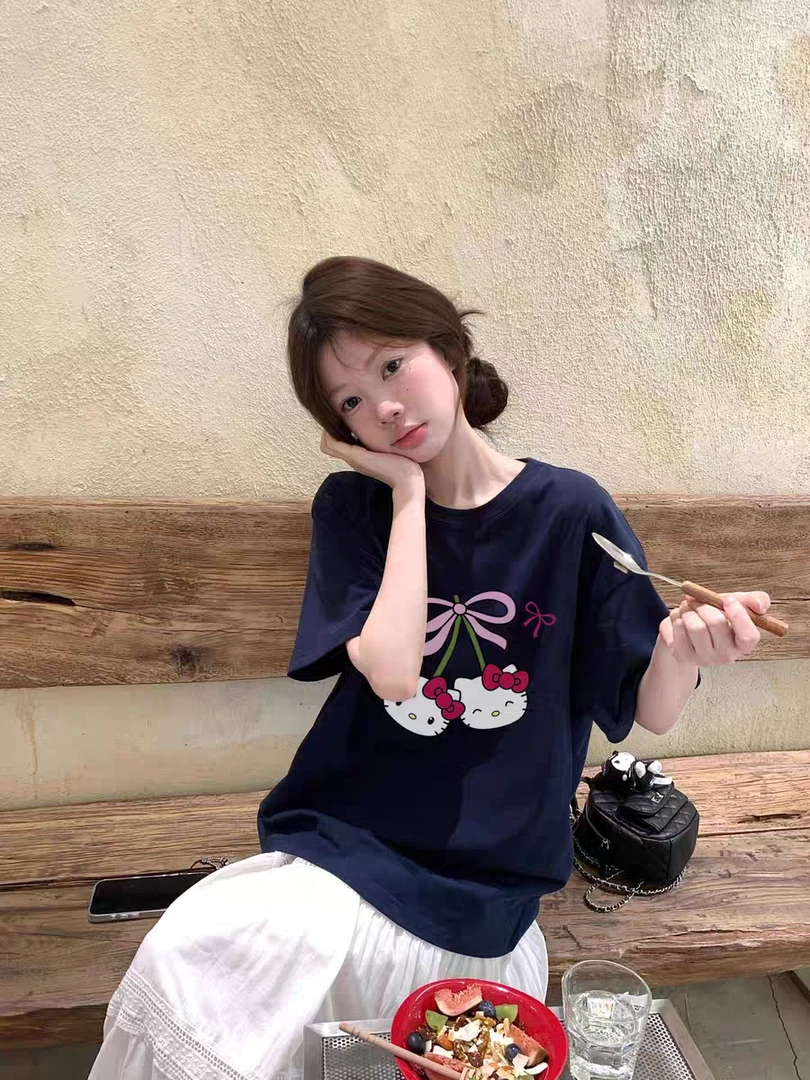 25夏季 韩代新款 美式复古可爱卡通猫短袖T恤 ins上衣