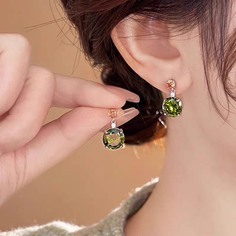 法式复古圆形绿色锆石耳环女时尚气质小众耳钉精致轻奢高级感耳饰