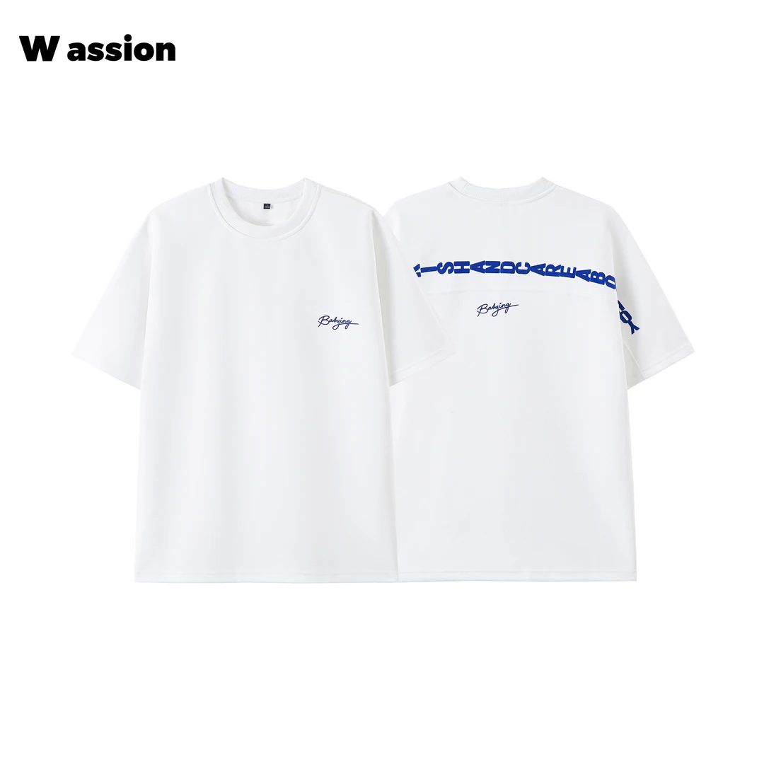 Wassion【果冻棉】印花夏季运动插肩落肩T恤宽松时尚简约情侣潮流