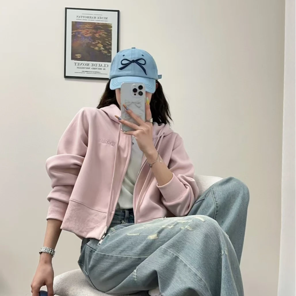 003简约百搭连帽外套女小个子短款开衫时尚卫衣2025春季新款