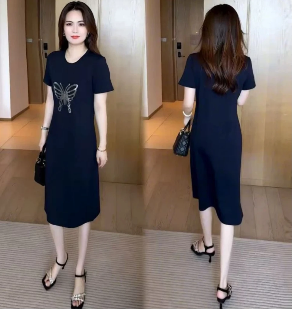 烫钻连衣裙女夏季新款时尚大码休闲百搭显瘦裙子