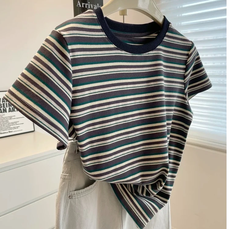 ARRLMORRE品牌【竹影】复古文艺撞色条纹正肩纯 棉T恤