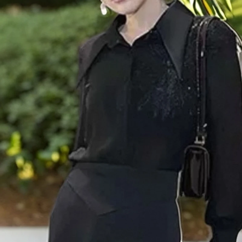 614/新款蕾丝搭配时尚百搭春装黑色长袖衬衫/欧盼全品/