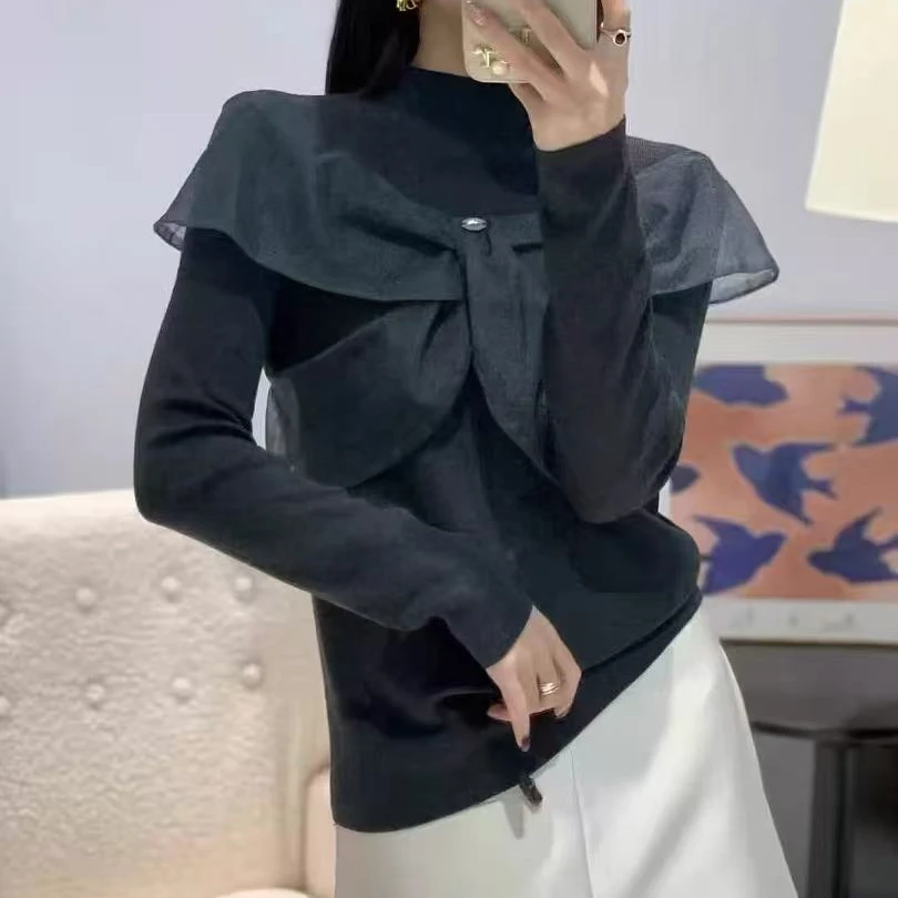 【ZM纵美】新款半高领拼接网纱蝴蝶结修身显瘦针织衫236805