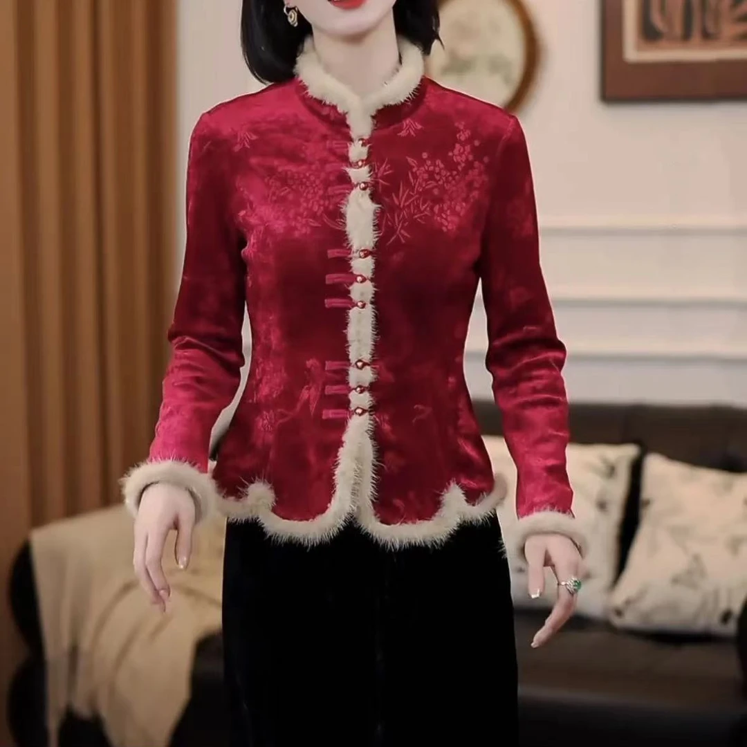 杭1冬季新款打底衫女 气质网红时尚复古红色中式加绒ins女士修身