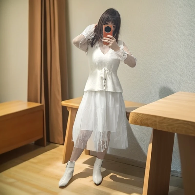 法式气质针织拼接蕾丝连衣裙浪漫设计半身裙套装女装