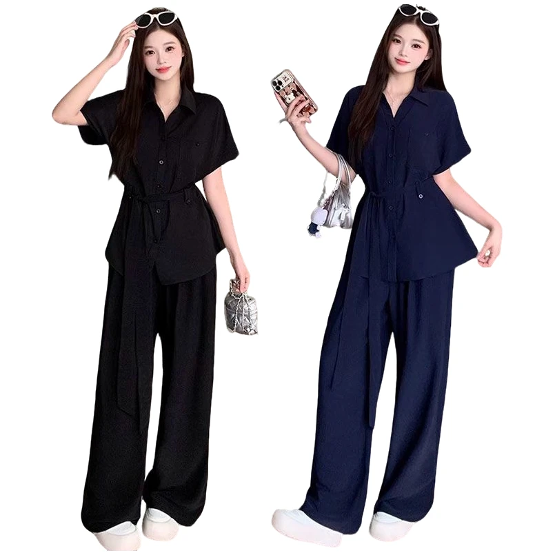 夏季新款胖mm大码女复古系带短袖衬衫搭配高腰阔腿裤套装