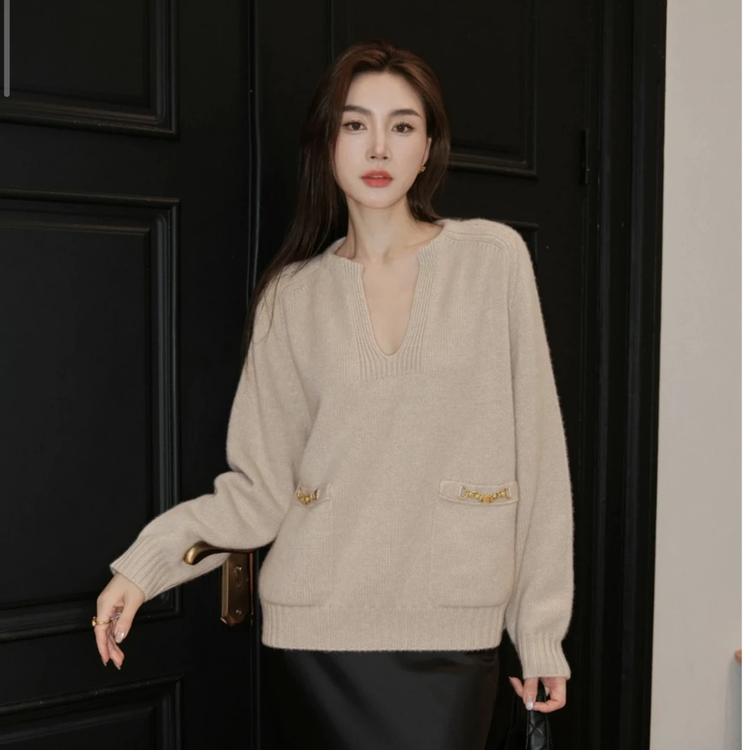 未使用 Celine/思琳 汤/P235704609/米色金属logo毛衣S
