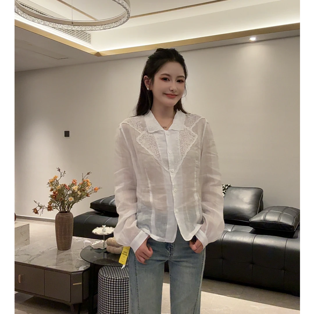 【YO YO】秋季新款拼接长袖刺绣常规翻领衬衫上衣770142