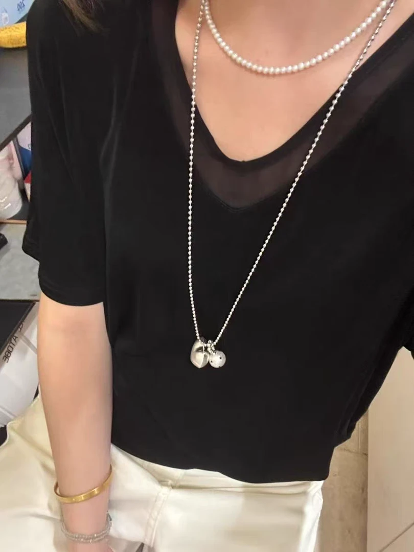 欧洲站2025春季新款欧货时尚V领短袖T恤女宽松显瘦上衣