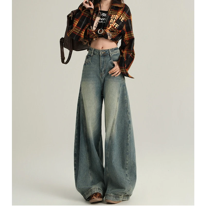 港风复古水洗弯刀牛仔裤女2025春秋新款宽松别致阔腿裤子1518#