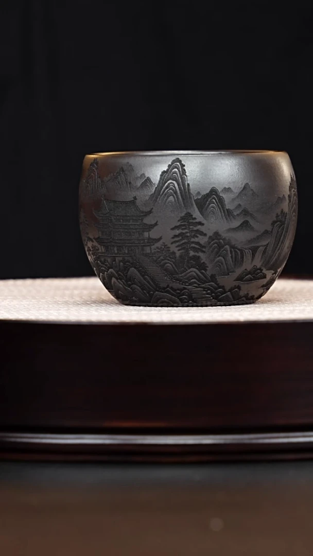 茶壶紫砂宜兴紫砂 百福缸杯刻绘陋室铭 石黄