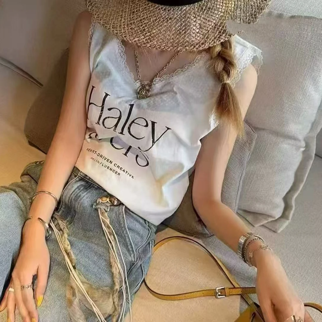 十三行白白-夏季新款蕾丝拼边印花小背心吊带#9311