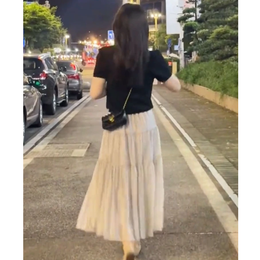 韩系高腰显瘦网纱半身裙女2025春夏新款百褶a字垂坠感小个子半裙