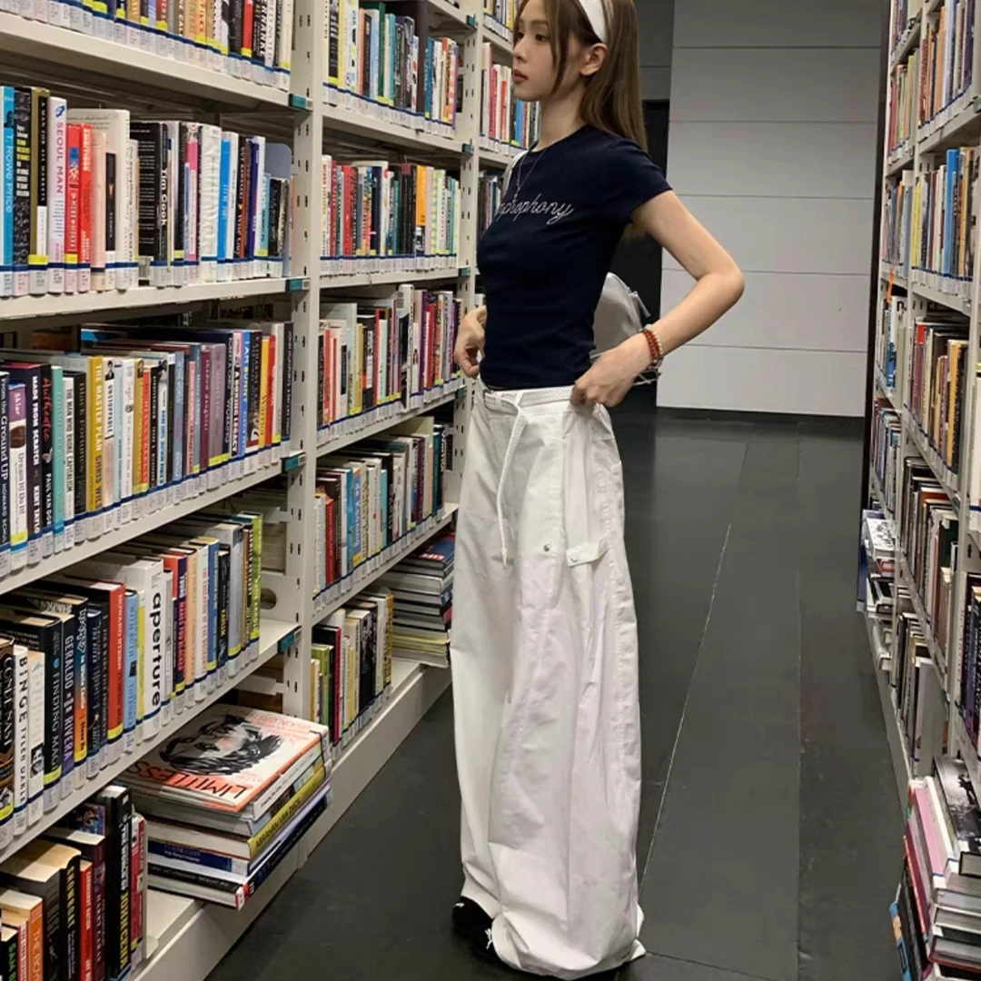 白色结构宽松休闲裤女夏季高腰直筒阔腿裤松弛慵懒纯色裤子