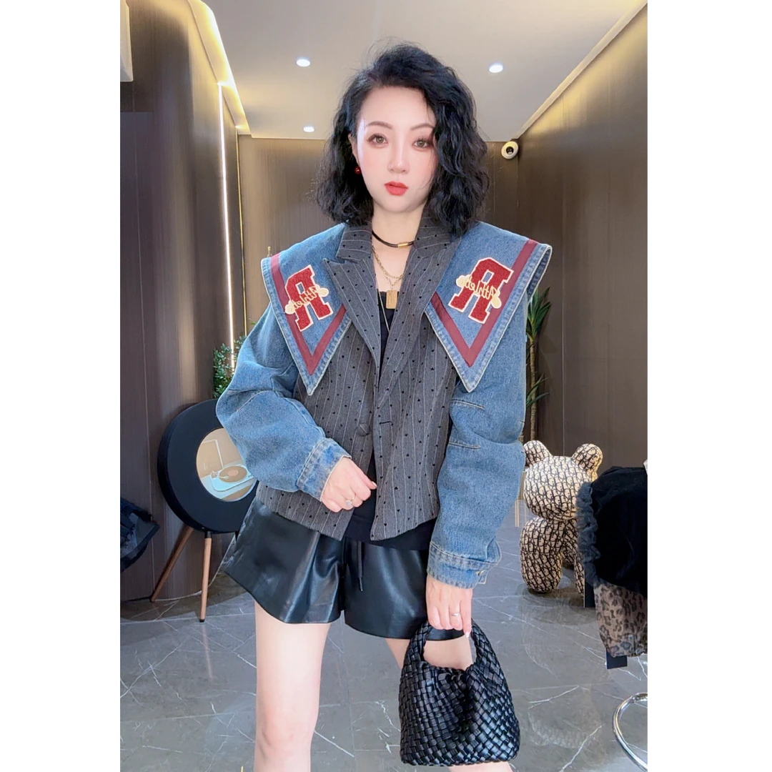 【茉茉】欧货拼接刺绣重工女牛仔衣短外套洋气宽松显瘦百搭K055