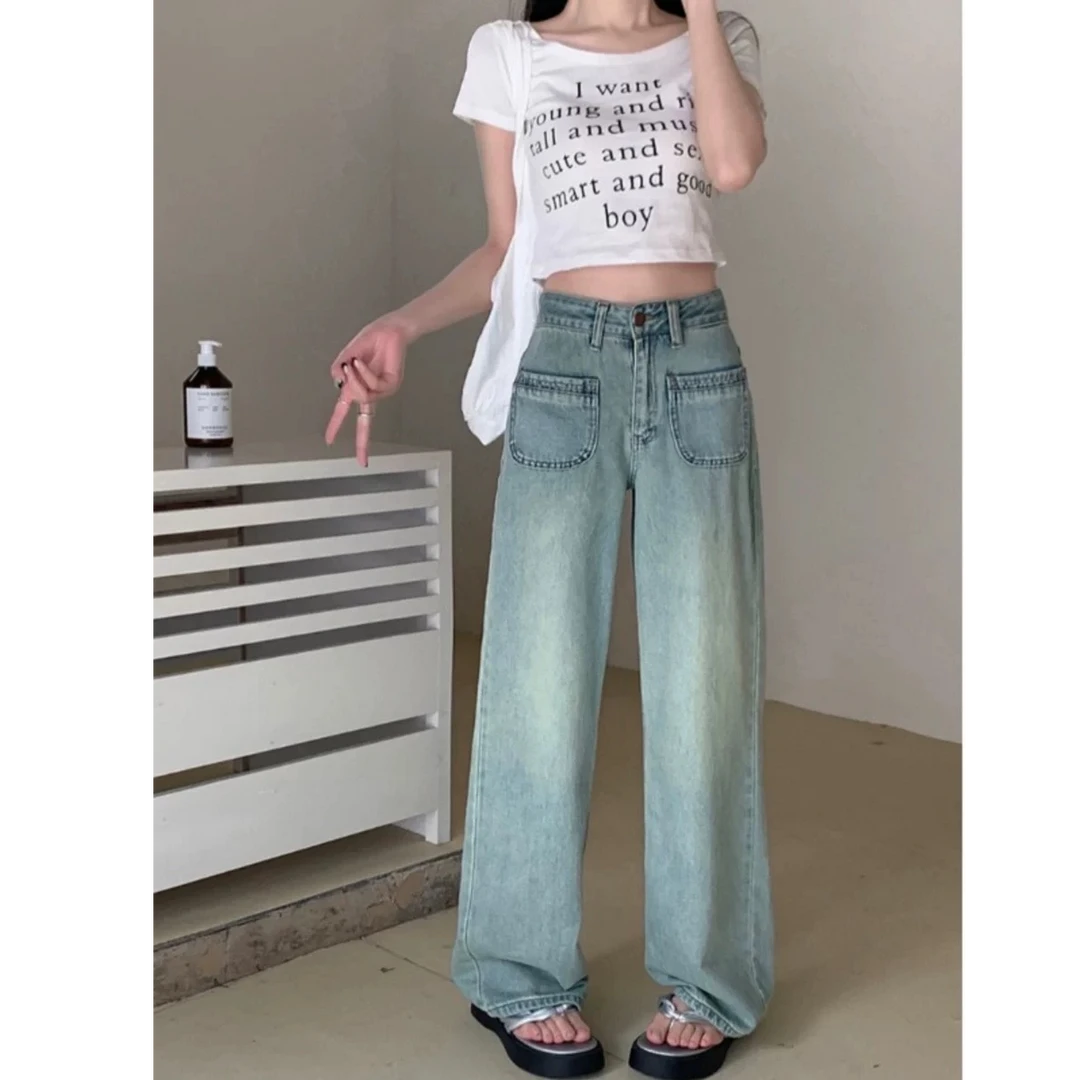 3631（轻微氧化，介意勿拍）大码女装复古水洗口袋阔脚牛仔裤5510