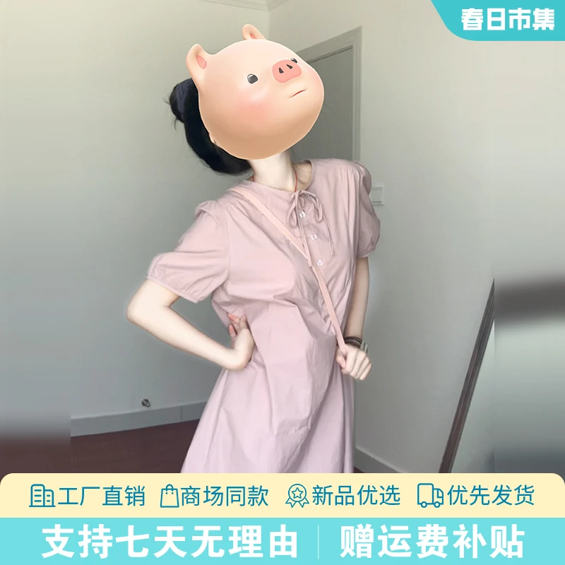 3366蝴蝶结泡泡袖连衣裙女夏2025新款a字中长款气质裙子