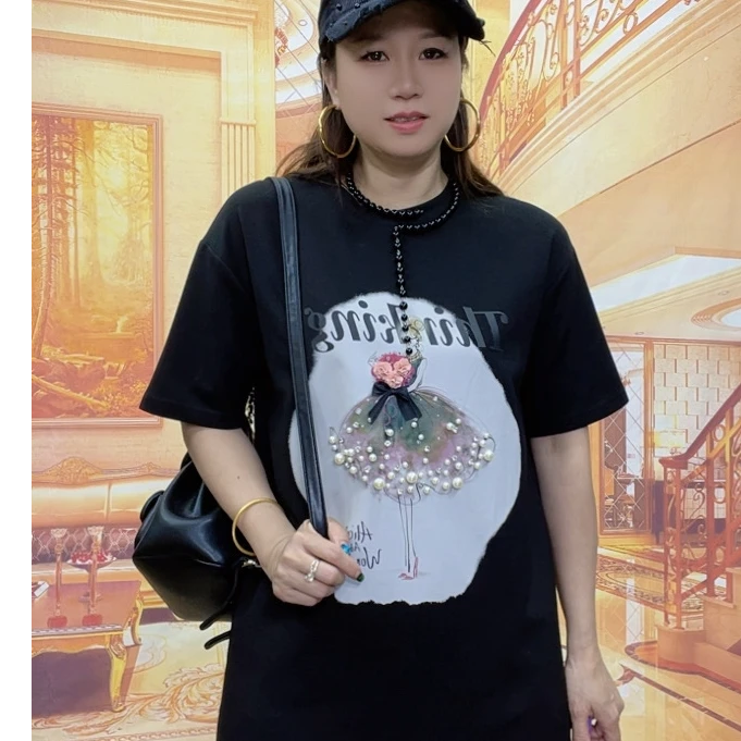 58970重工钉珠蕾丝拼接T恤裙女宽松时髦设计感圆领中长连衣裙