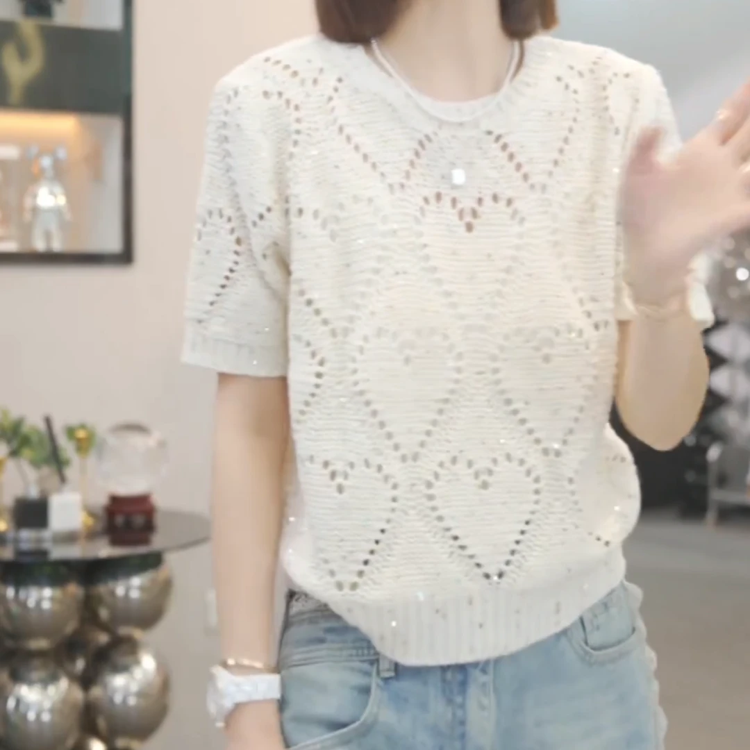 爱心镂空毛针织衫2025春夏新款设计感时尚气质套头短袖毛衣上衣