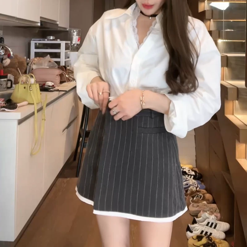 2025春季新款蕾丝边白色衬衫+竖条不规则西装半裙LK2501336