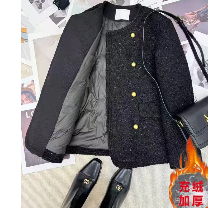 【当天发+运费险】充绒内胆黑色长款亮晶晶加厚保暖精致小香风P2435