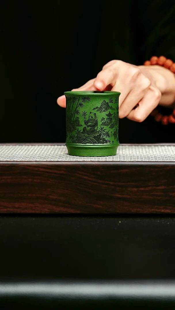 茶杯紫砂宜兴紫砂 主人杯 熊猫竹节 绿泥 任家娟 h214