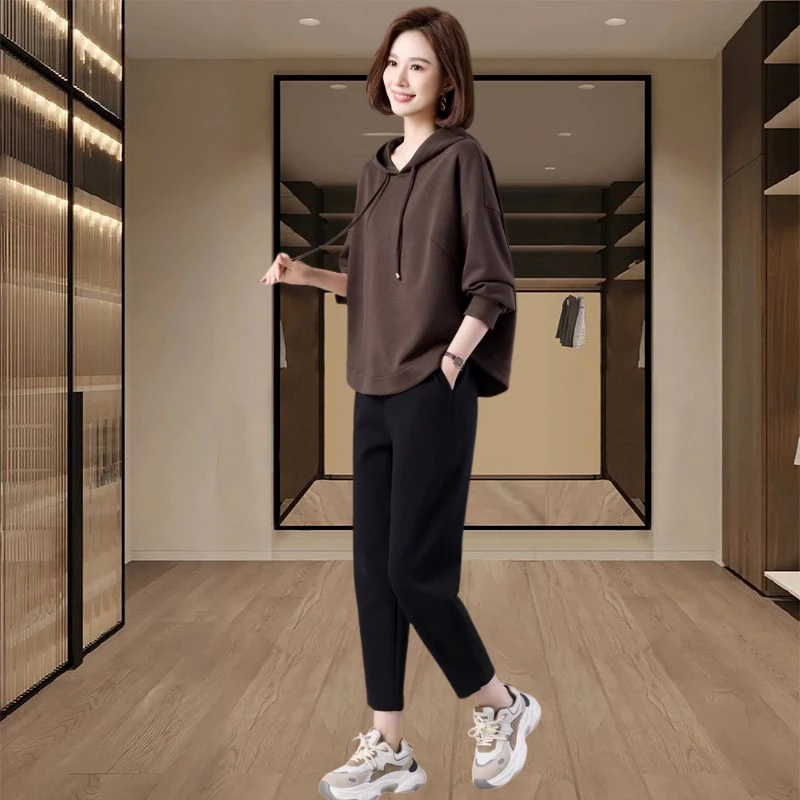 春季新款女装套装2025新款洋气宽松连帽卫衣高腰显瘦束脚裤两件套