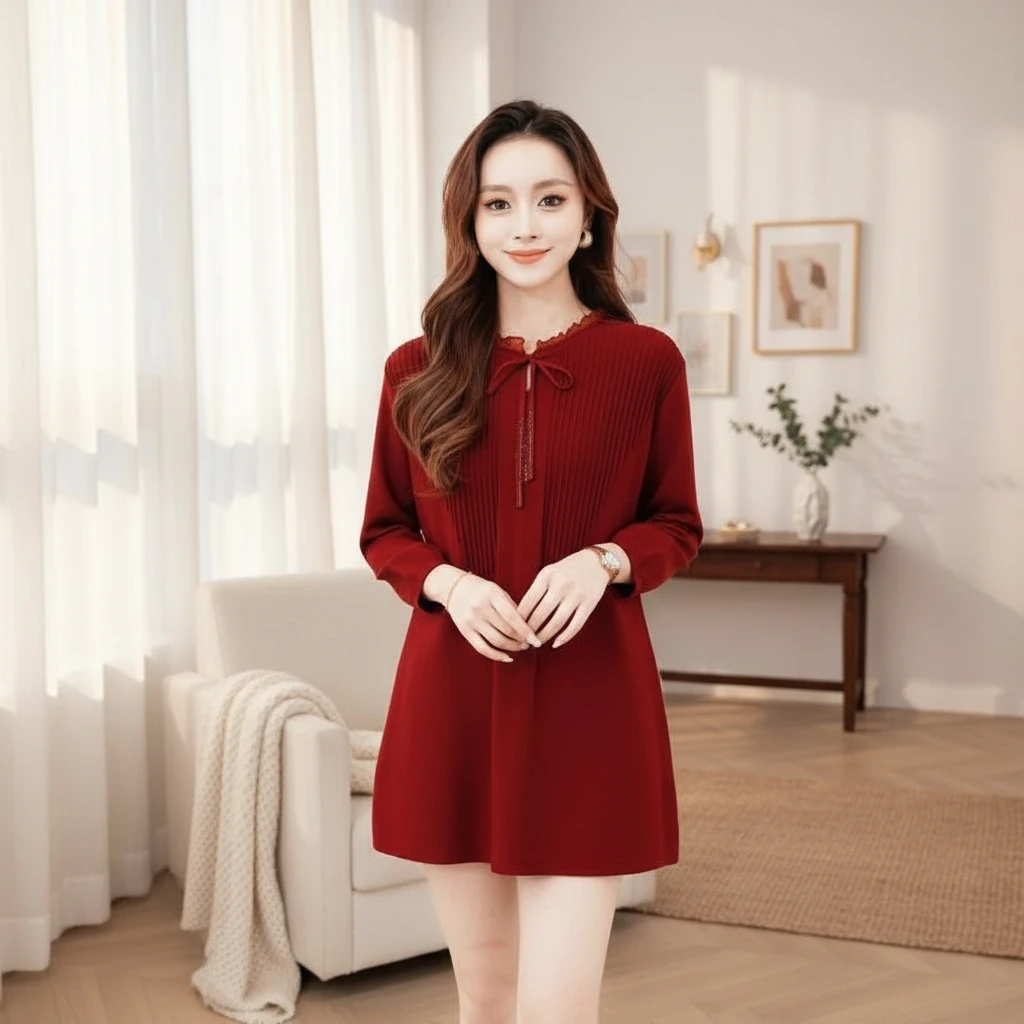 2143褶皱系带气质钻木耳女大码洋气显瘦长款新款烫时尚针织衫领中