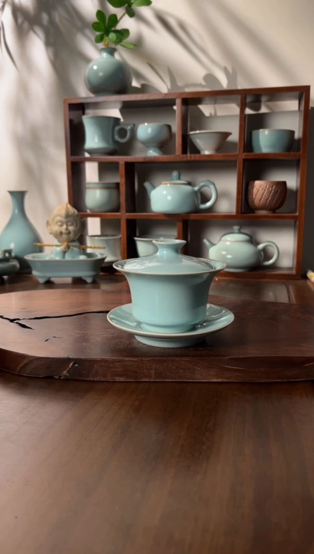 【闪购商品】杯汝窑天青釉色马蹄三才盖碗