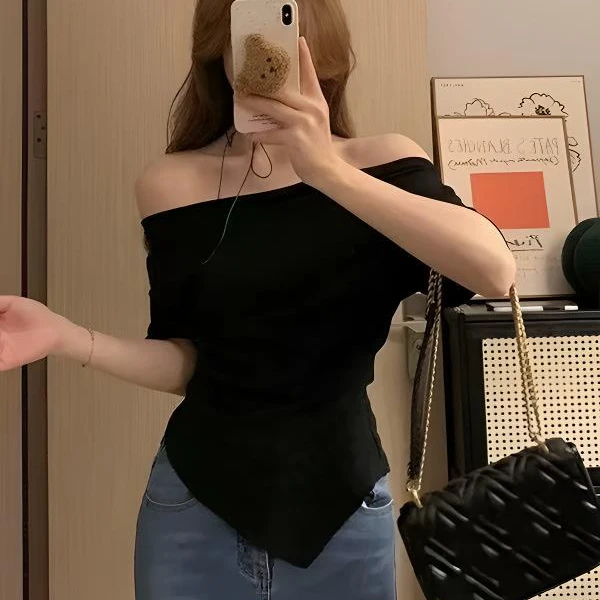 E念2693夏季U领螺纹棉短袖T恤女暗扣修身显瘦纯色上衣打底衫2025