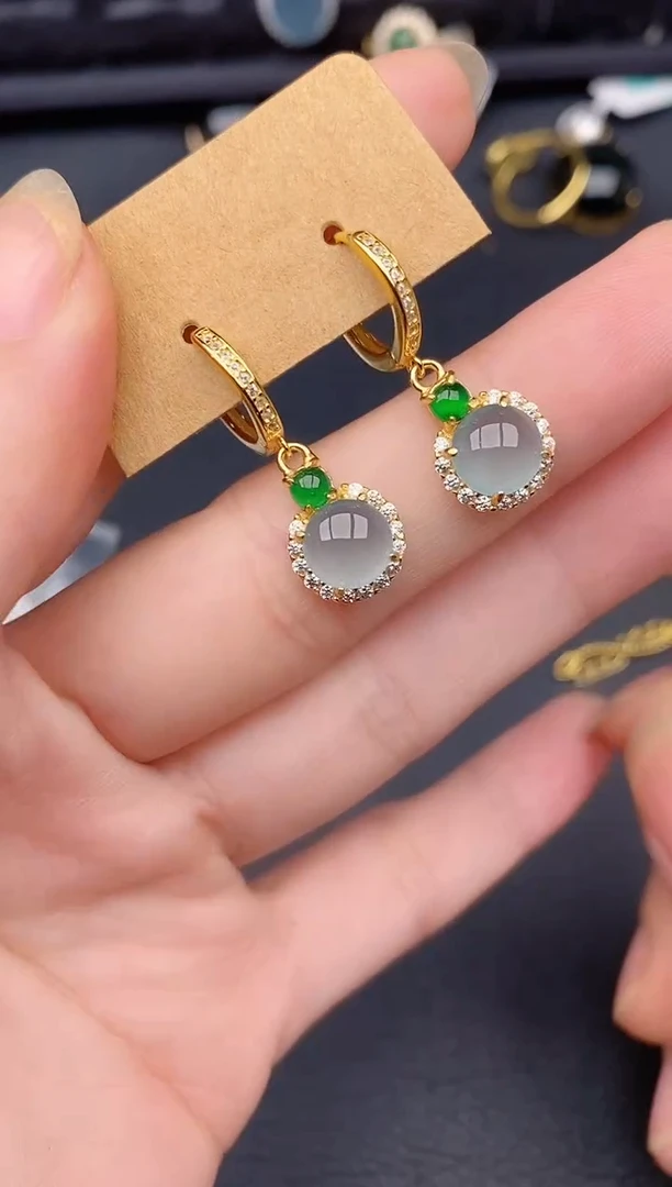 银S925镶嵌翡翠耳饰天然a货翡翠655