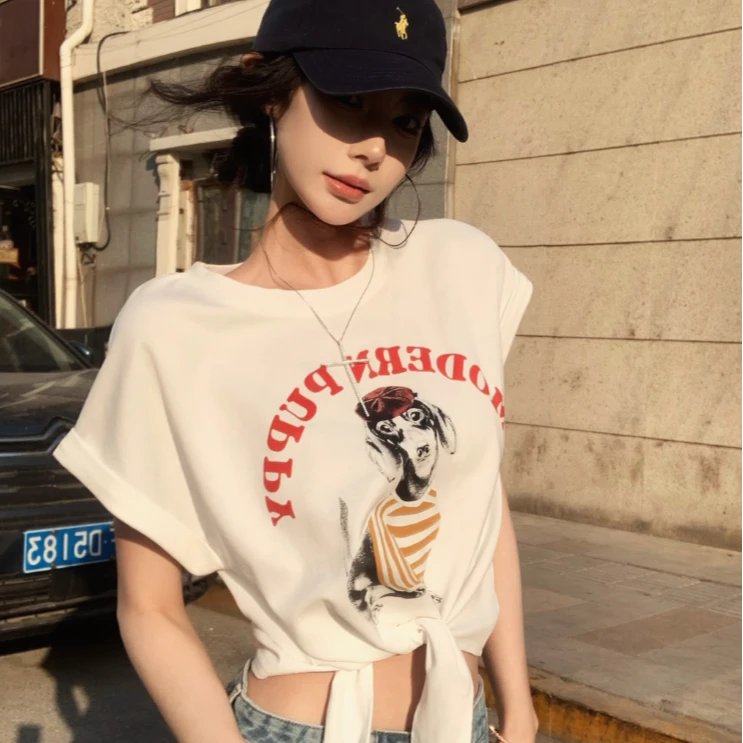 2025夏季新款美式复古印花短袖T恤女设计感绑带显瘦短款上衣