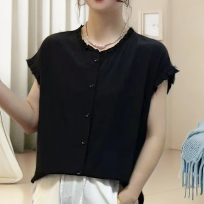 【小妹轻奢女装】防晒无袖衬衫时尚拼接气质木耳边纯色夏季2899